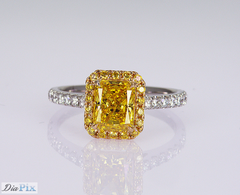 1.1ct Forme radieuse Fancy Vivid Jaune Laboratoire Créé Anneau Diamant 18K Or Ensemble